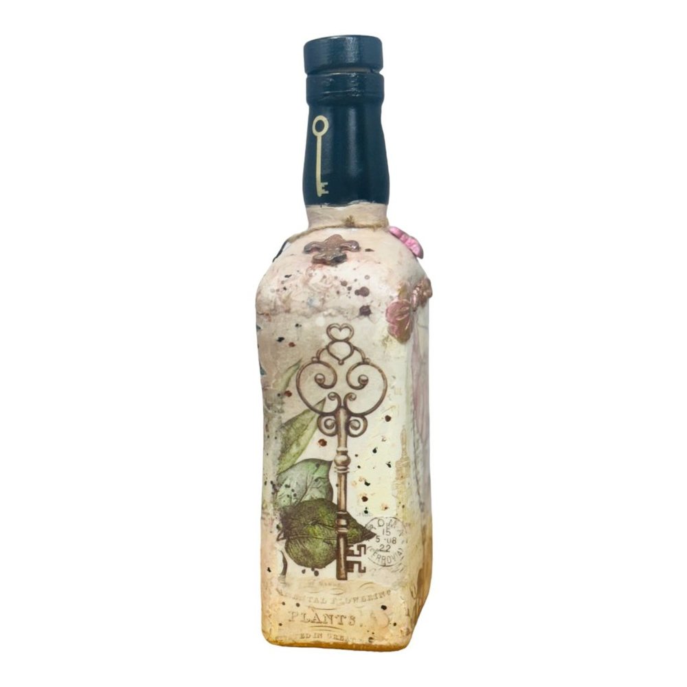 Up cycled Decanter Bottle Mixed Media Peep Keyhole Clay Hand Painted Butterfly - Picture 7 of 16